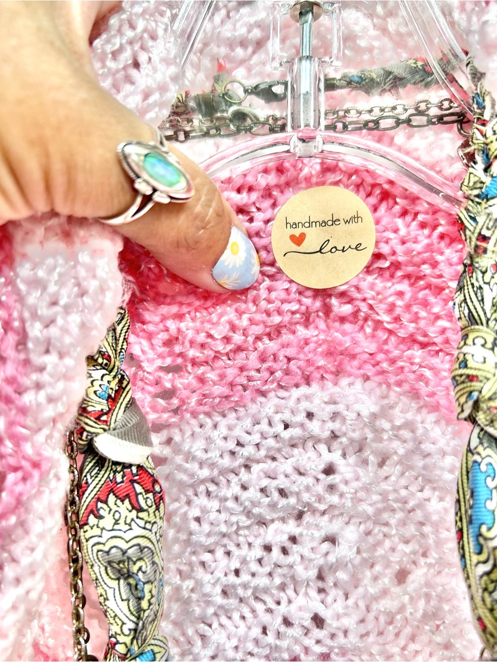 🌙 Artisan Chevron pink shrug knit boho kimono w cottagecore prairie Country vibe - Picture 4 of 12